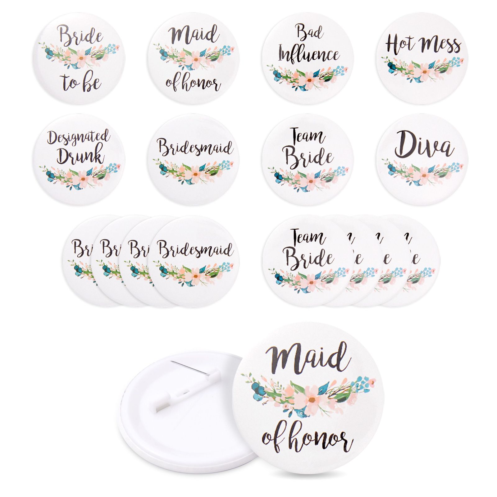16 Pack - Bridal Party Pins - Wedding Party Buttons - Bridesmaid Gifts,  Favors & Gifts, Team Bride, Maid of Honor Party Supplies, White, 8 Unique  Designs 